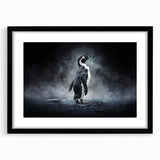 Framed wall art featuring a black mat and a captivating penguin design, showcasing vibrant colors and intricate details, perfect for animal lovers and home decor.