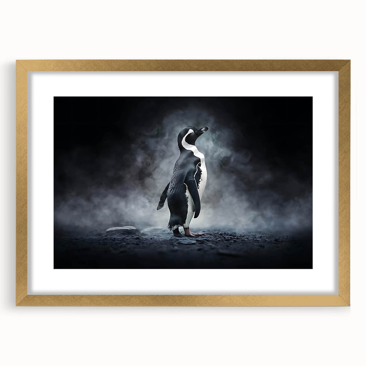 Framed wall art featuring a penguin design from the “Animals A Wild Life” collection, with a gold mat and sleek front view, ideal for modern decor.