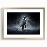 Framed wall art featuring a stylish penguin design from the Animals A Wild Life collection, presented in a sleek silver frame with a white mat, perfect for modern decor.