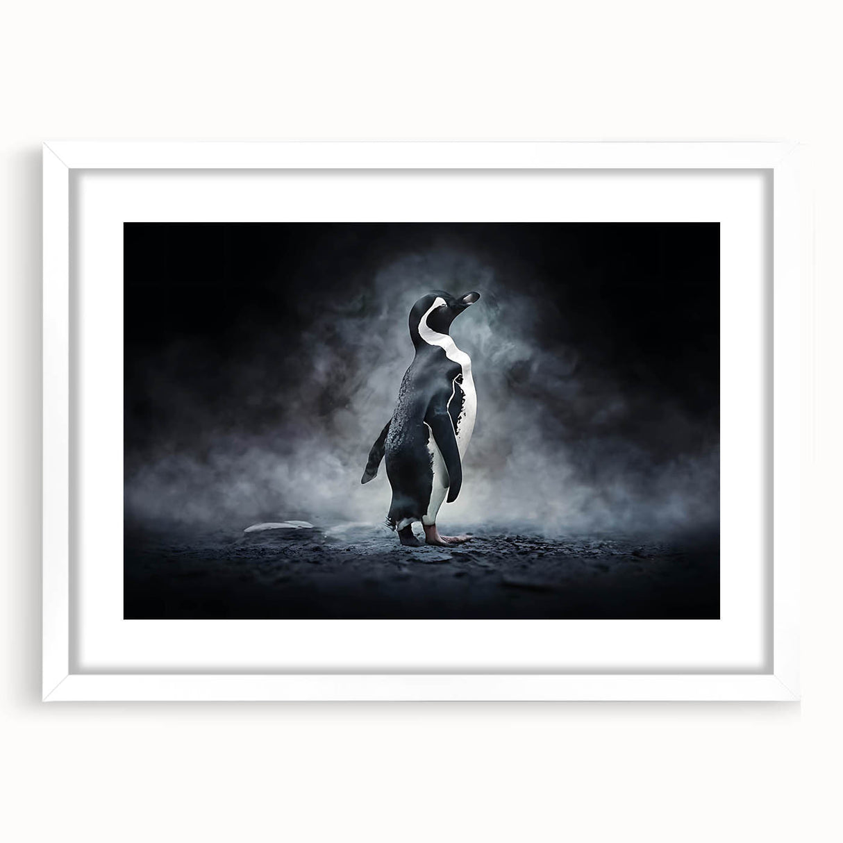 Framed wall art featuring a whimsical penguin design from the 'Animals a Wild Life' collection, displayed with a white mat, perfect for children's room decor.