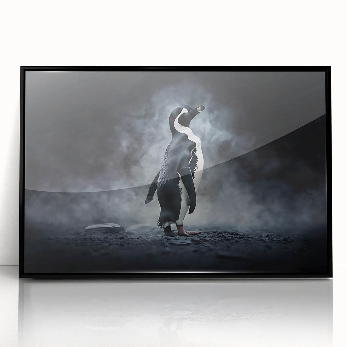 Framed acrylic wall art featuring a stylized penguin design in a black frame, perfect for adding a modern touch to wildlife décor. Ideal for animal lovers and home decoration.