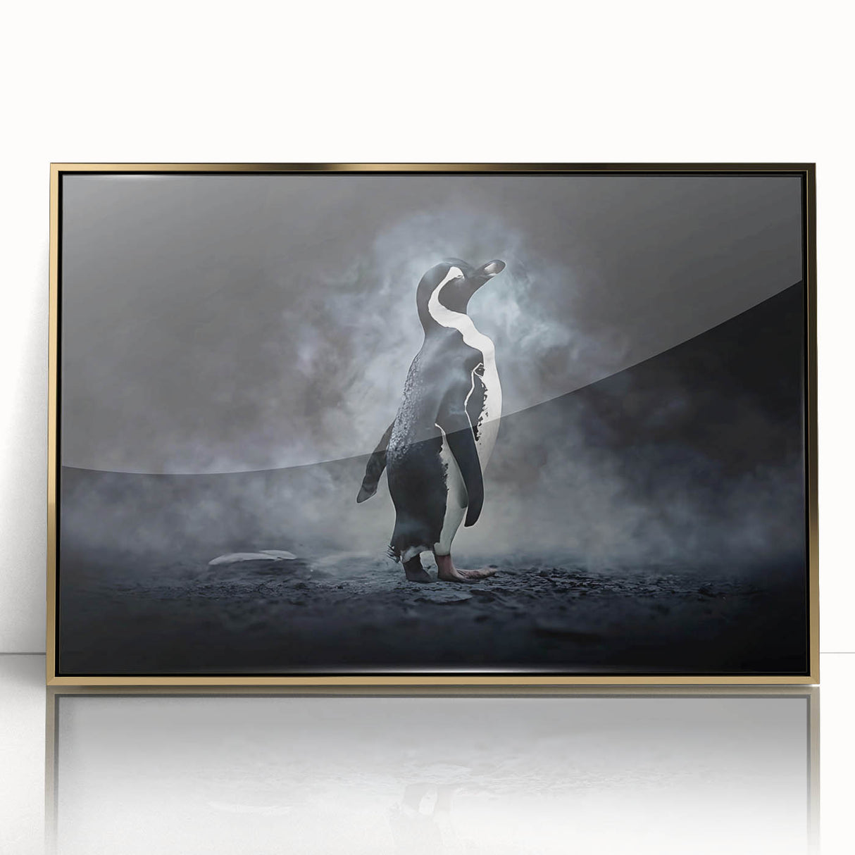 Framed wall art featuring a striking penguin design, set in a stylish gold frame, showcasing vibrant colors and intricate details, perfect for wildlife enthusiasts.