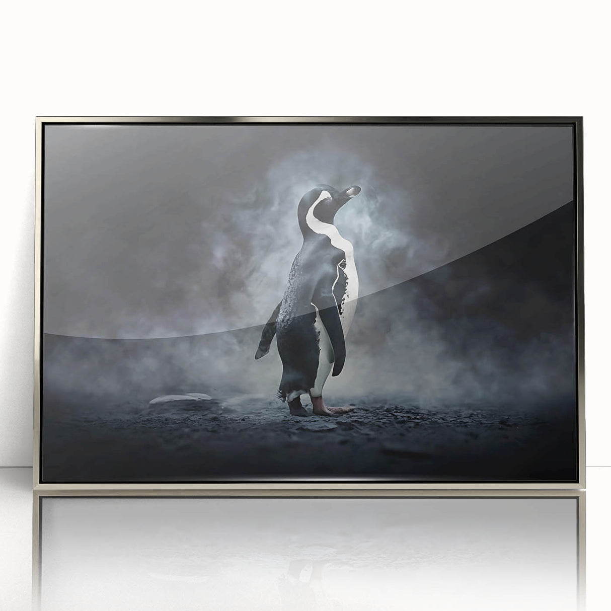 Framed acrylic wall art showcasing a stylized penguin design in a silver frame, ideal for animal lovers and modern home decor enthusiasts.