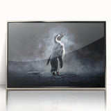Framed acrylic wall art showcasing a stylized penguin design in a silver frame, ideal for animal lovers and modern home decor enthusiasts.