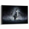 Framed wall art featuring a black and white penguin design on canvas, showcasing a side view of the elegant bird against a minimalist backdrop, perfect for animal lovers and modern decor enthusiasts.