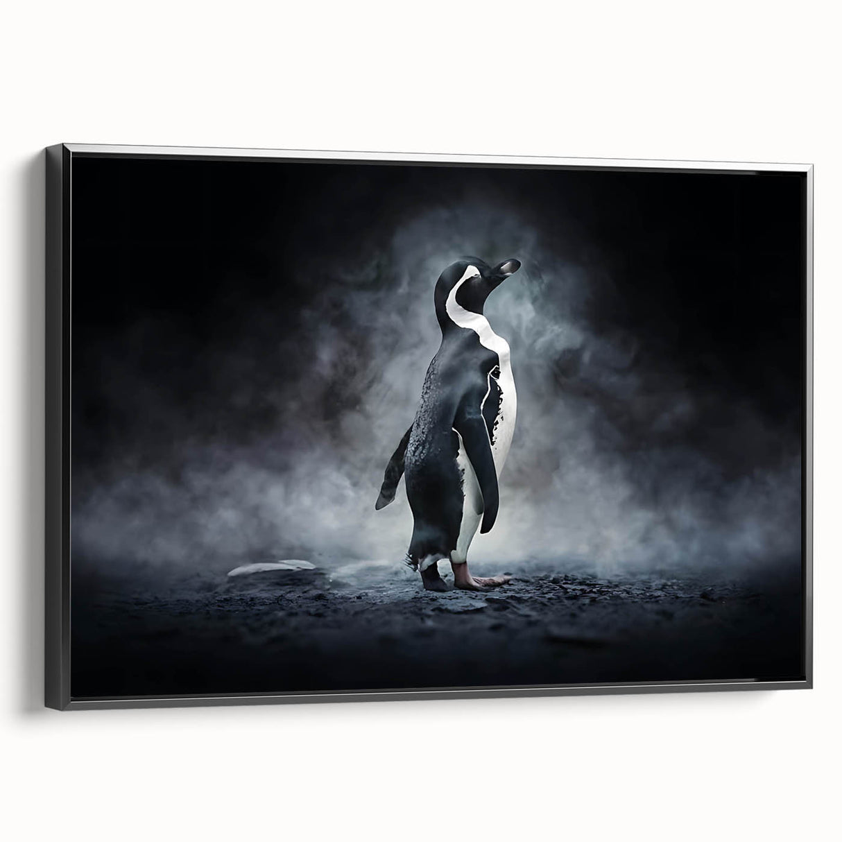 Framed wall art featuring a black and white penguin design on canvas, showcasing a side view of the elegant bird against a minimalist backdrop, perfect for animal lovers and modern decor enthusiasts.