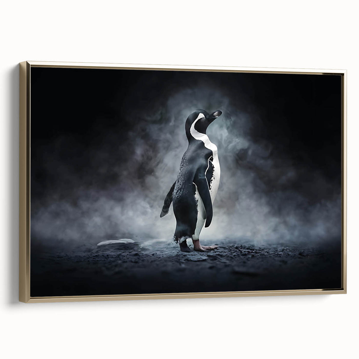 Framed canvas wall art showcasing a stylish penguin design with gold accents. Ideal for animal-themed decor, adding a touch of elegance to any space.