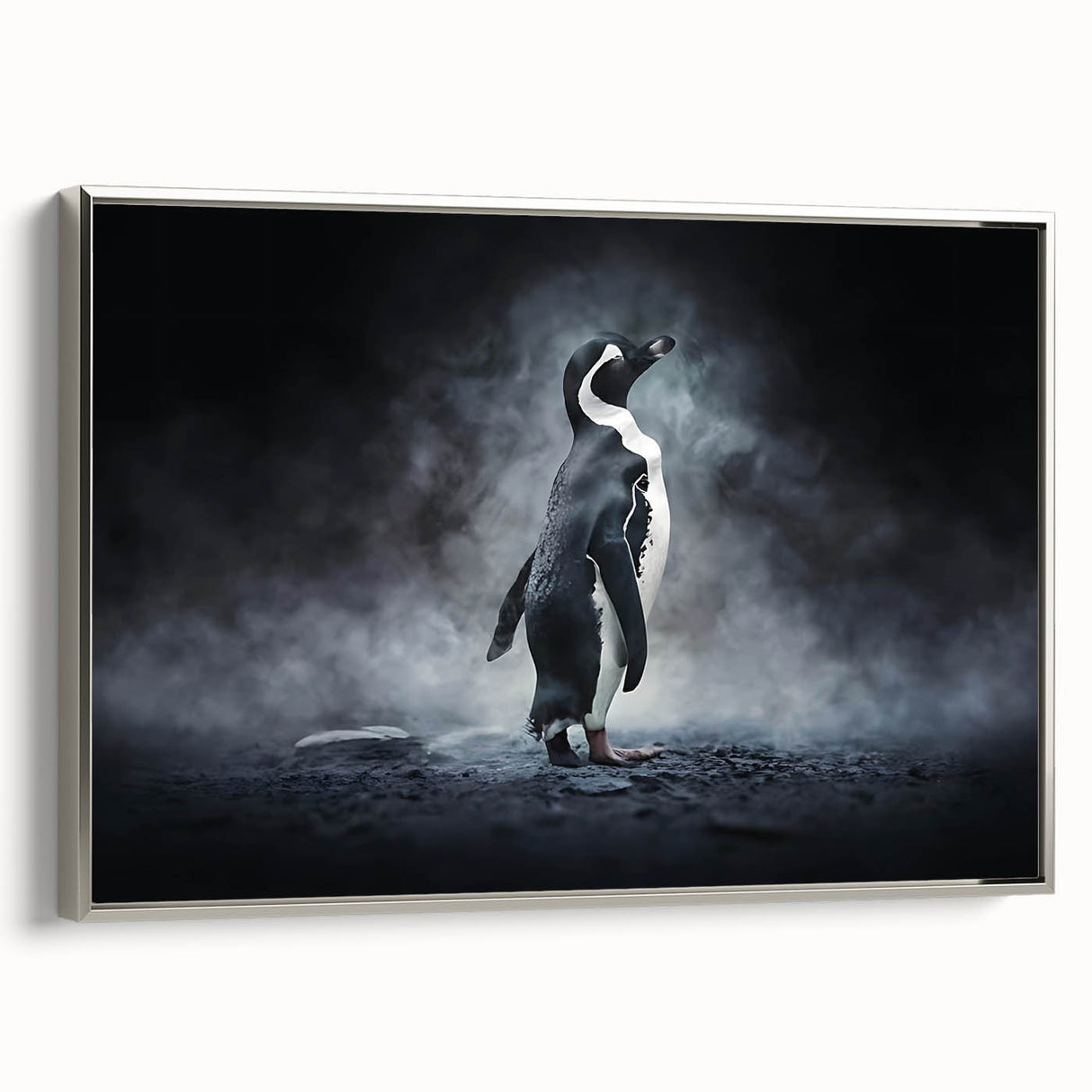 Framed canvas wall art showcasing a modern penguin design with a silver frame, perfect for enhancing contemporary home decor. Ideal for animal lovers and art enthusiasts.
