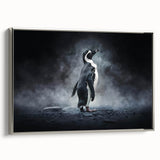 Framed canvas wall art showcasing a modern penguin design with a silver frame, perfect for enhancing contemporary home decor. Ideal for animal lovers and art enthusiasts.