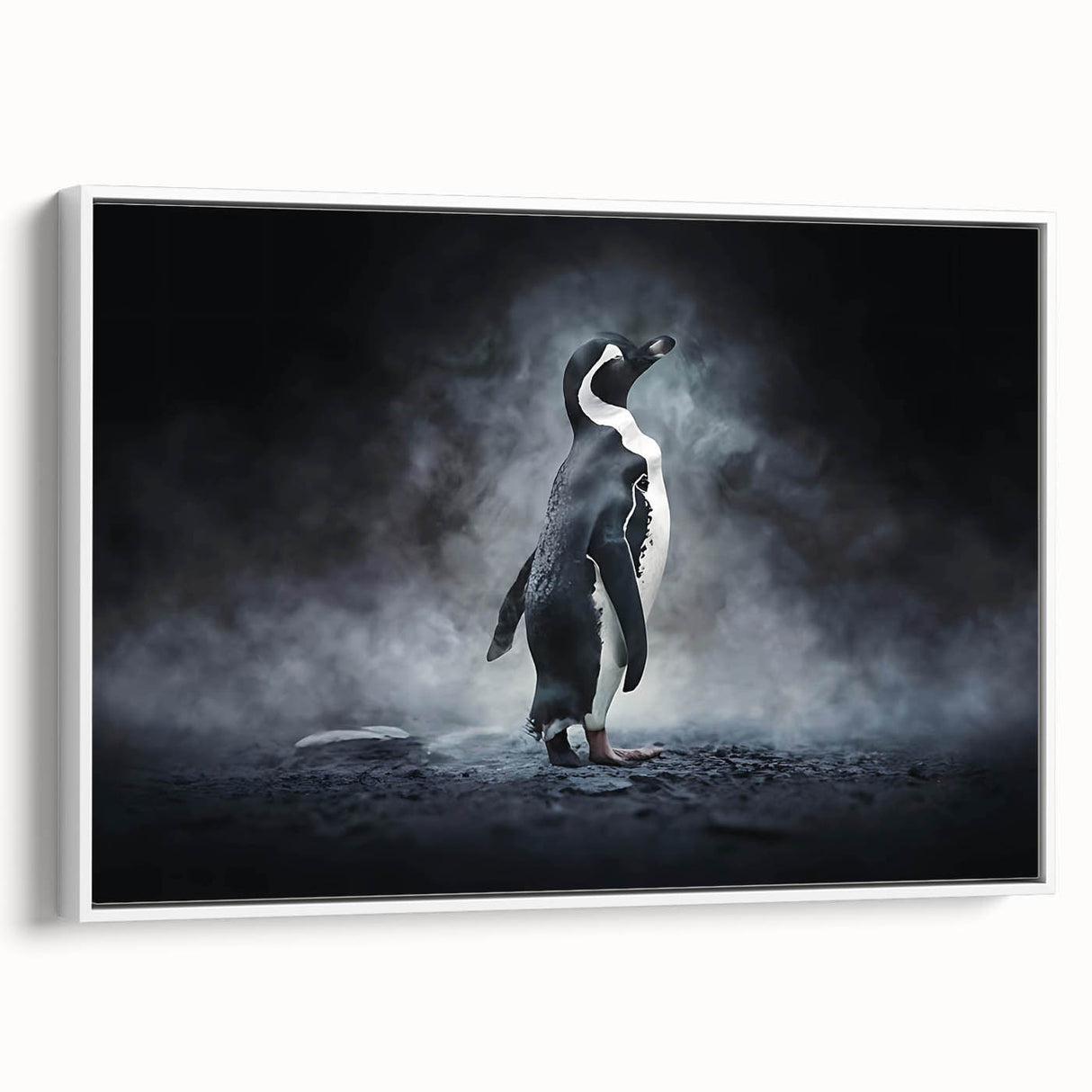 Framed wall art featuring a side view of a whimsical penguin design on textured canvas, ideal for animal lovers and modern decor enthusiasts. This eye-catching piece adds a playful touch to any room with its vibrant colors and charming illustration.