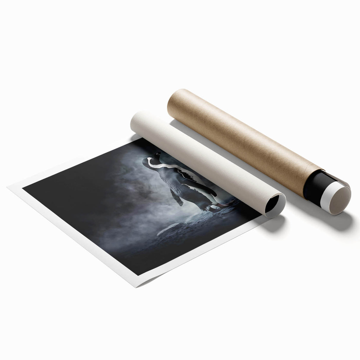 Penguin-themed wall art print showcasing a vibrant and whimsical design, rolled and ready for display. Perfect for animal lovers and modern decor enthusiasts.