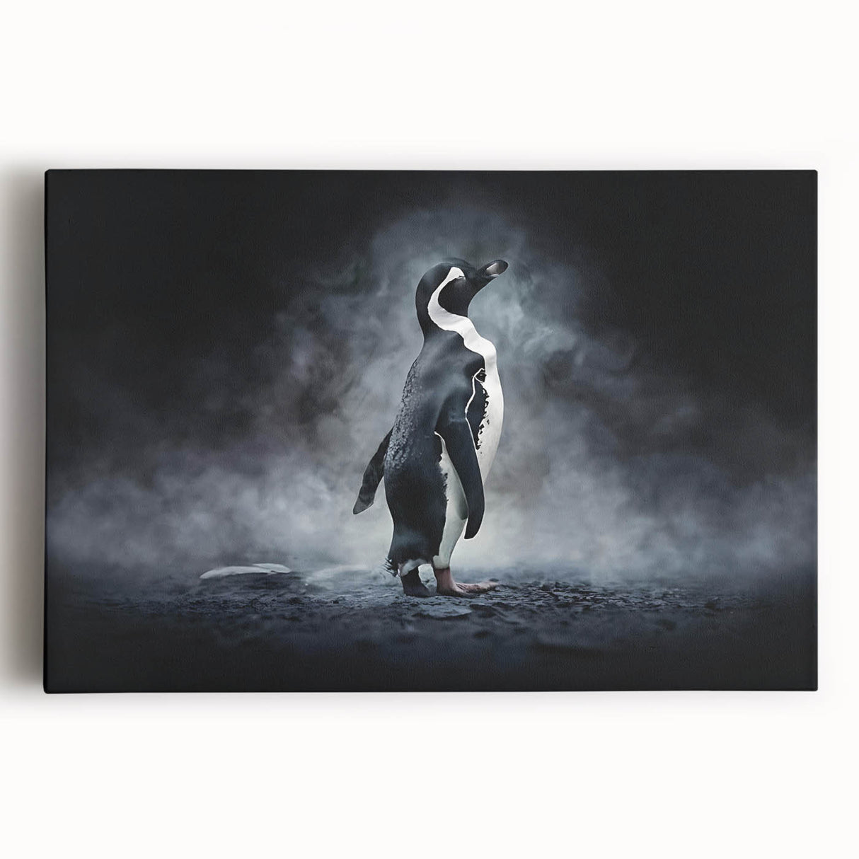 Front view of a stretched canvas wall art featuring a whimsical penguin design, showcasing vibrant colors and playful details, perfect for animal lovers' decor.