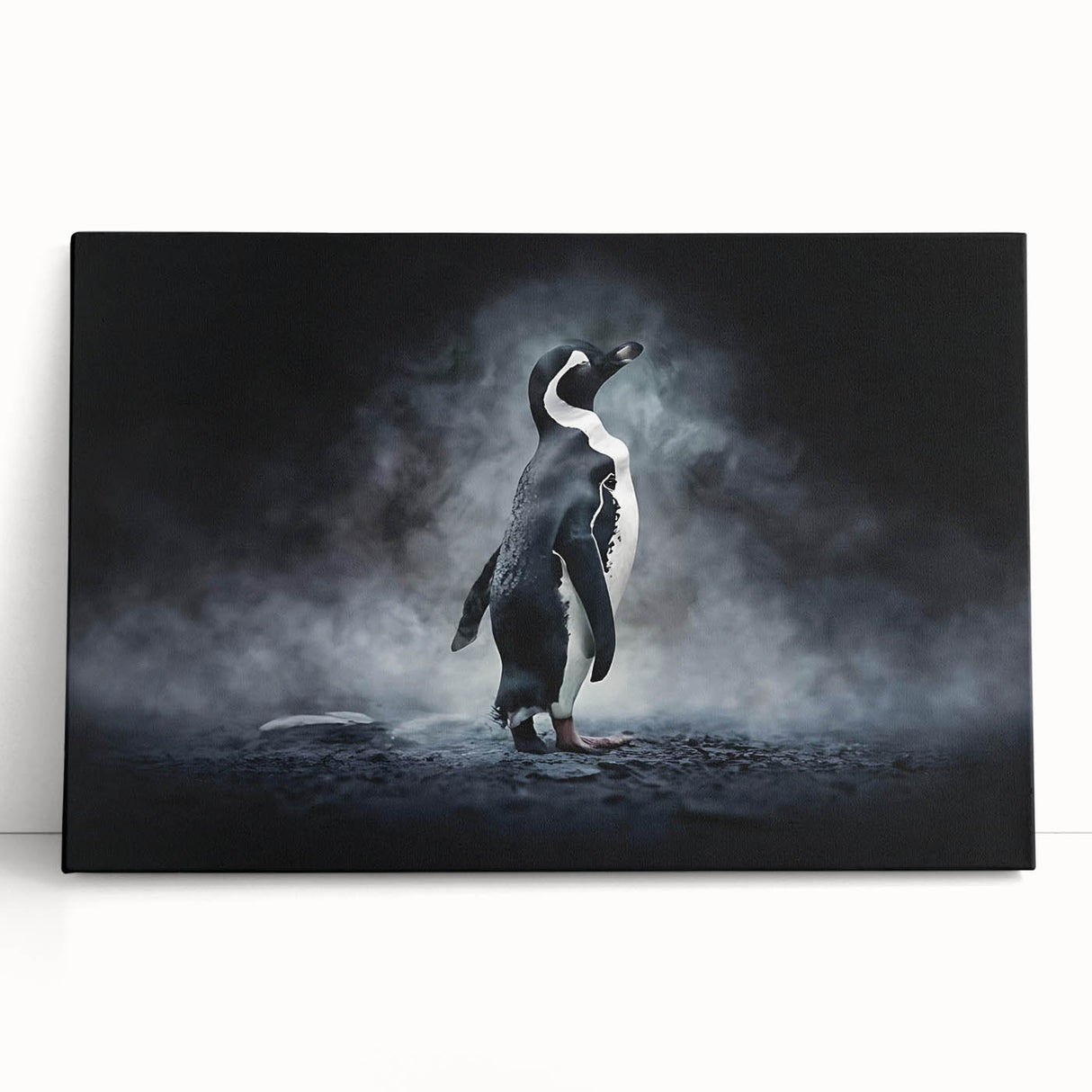 Stretched canvas wall art featuring a playful penguin design, vibrant colors, and unique textures, perfect for animal lovers and modern home decor.