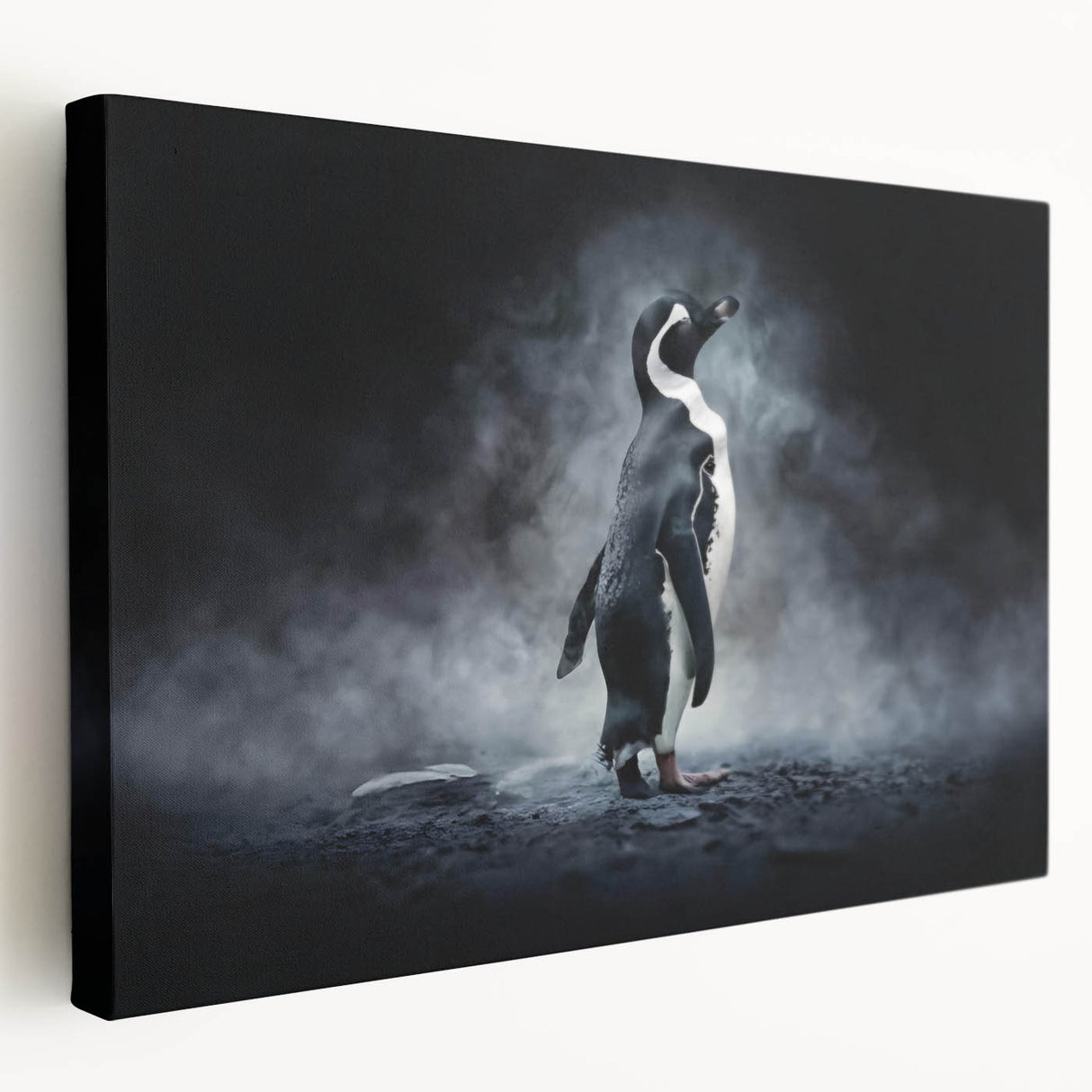 Stretched canvas wall art of a playful penguin design, showcasing vibrant colors and a charming side view, ideal for adding a whimsical touch to any room decor.