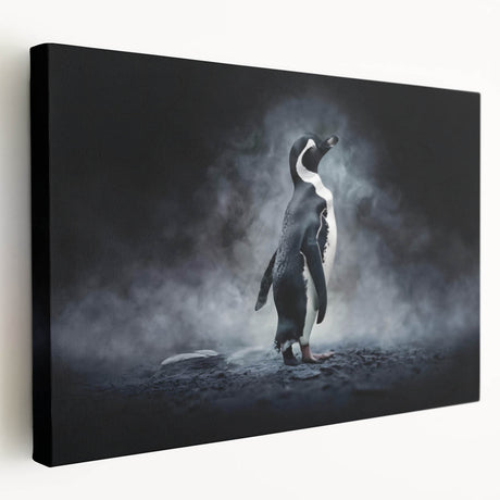 Stretched canvas wall art of a playful penguin design, showcasing vibrant colors and a charming side view, ideal for adding a whimsical touch to any room decor.
