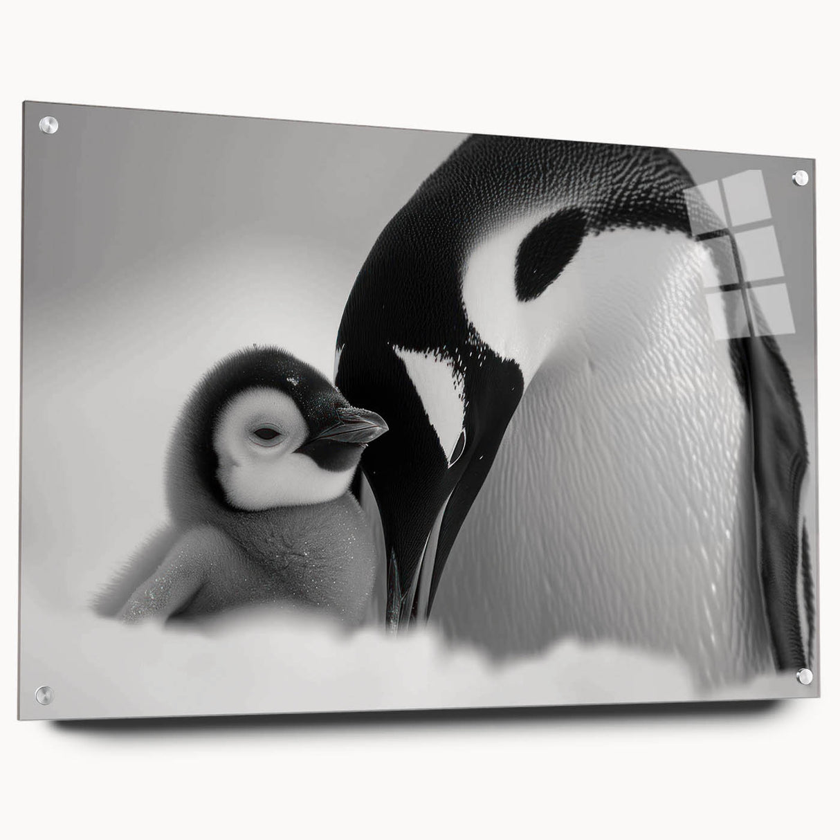 Side view of a penguin-themed acrylic wall art piece showcasing vibrant colors and intricate design details, elegantly displayed with pins for easy mounting. Ideal for animal lovers and modern decor enthusiasts.