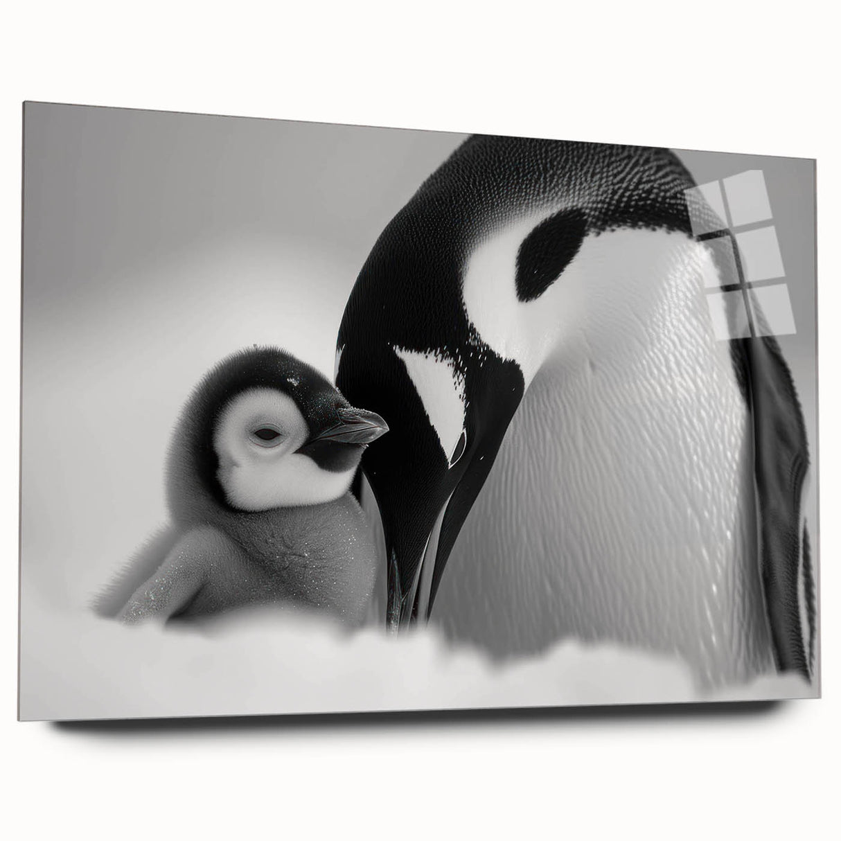 Side view of a penguin-themed wall art piece, crafted from acrylic glass, showcasing vibrant colors and intricate details, perfect for wildlife enthusiasts' decor.