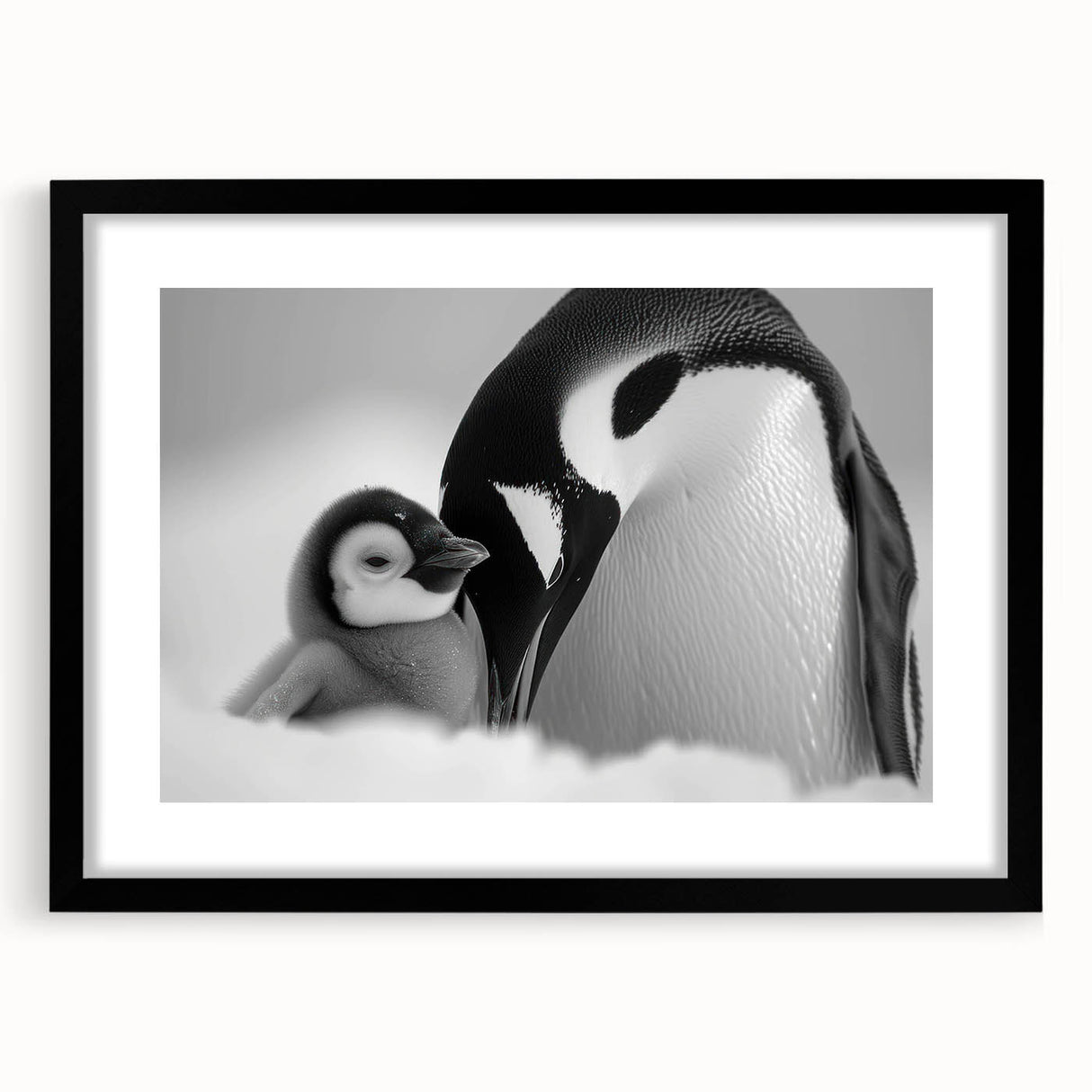 Framed wall art showcasing a charming penguin design from the Animals & Wildlife collection, featuring a sleek black frame and white mat, ideal for modern decor.