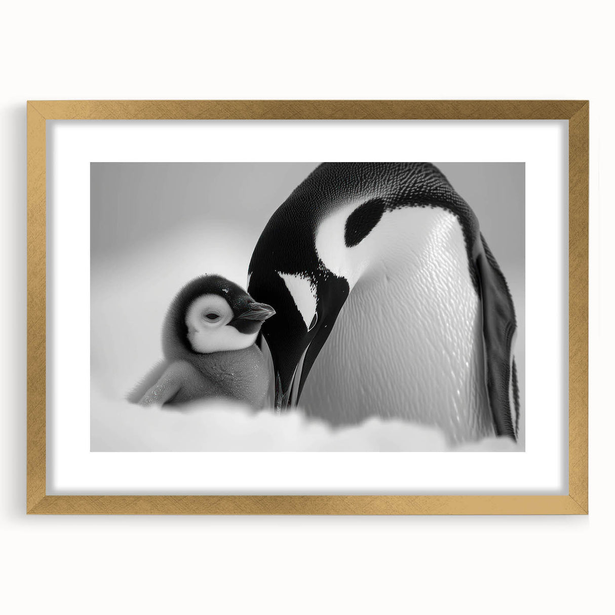 Framed wall art featuring a gold mat and a charming penguin design, showcasing a modern aesthetic perfect for animal lovers, available for home decor.