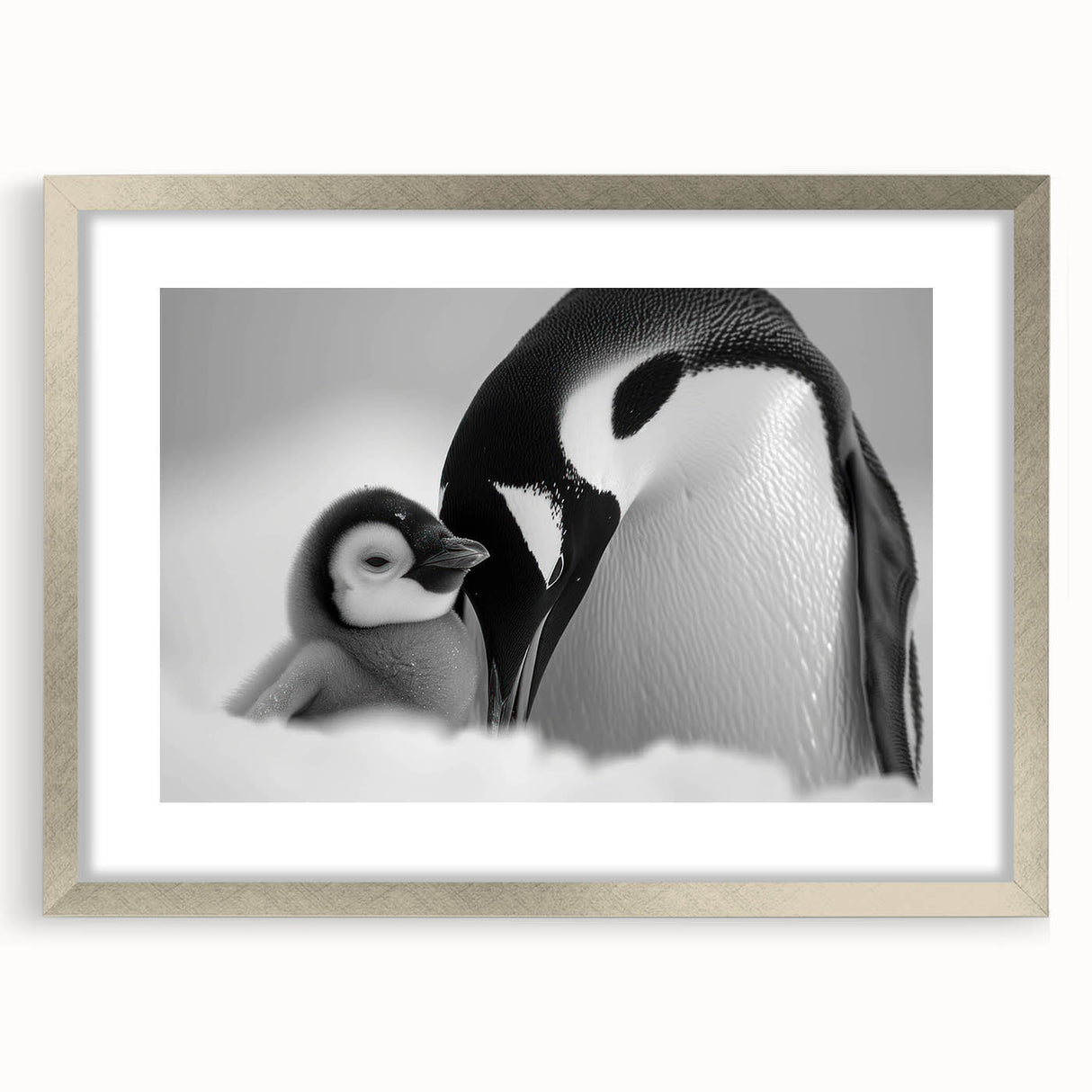 Framed wall art depicting a playful penguin design, featuring a sleek silver frame and mat, perfect for enhancing modern decor with a touch of wildlife charm.