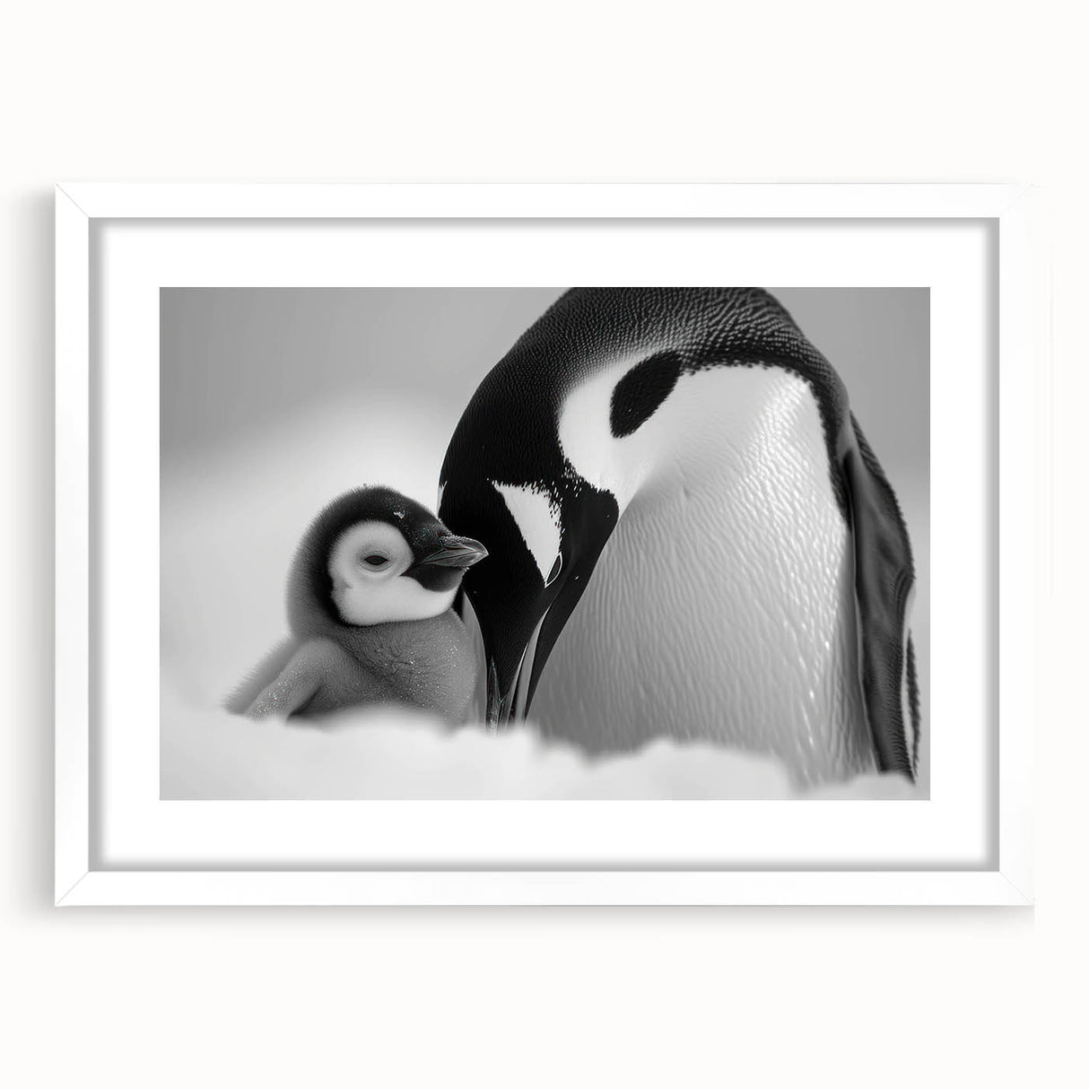 Framed wall art depicting a playful penguin design in a white mat, perfect for adding a whimsical touch to children's rooms or animal-themed decor.