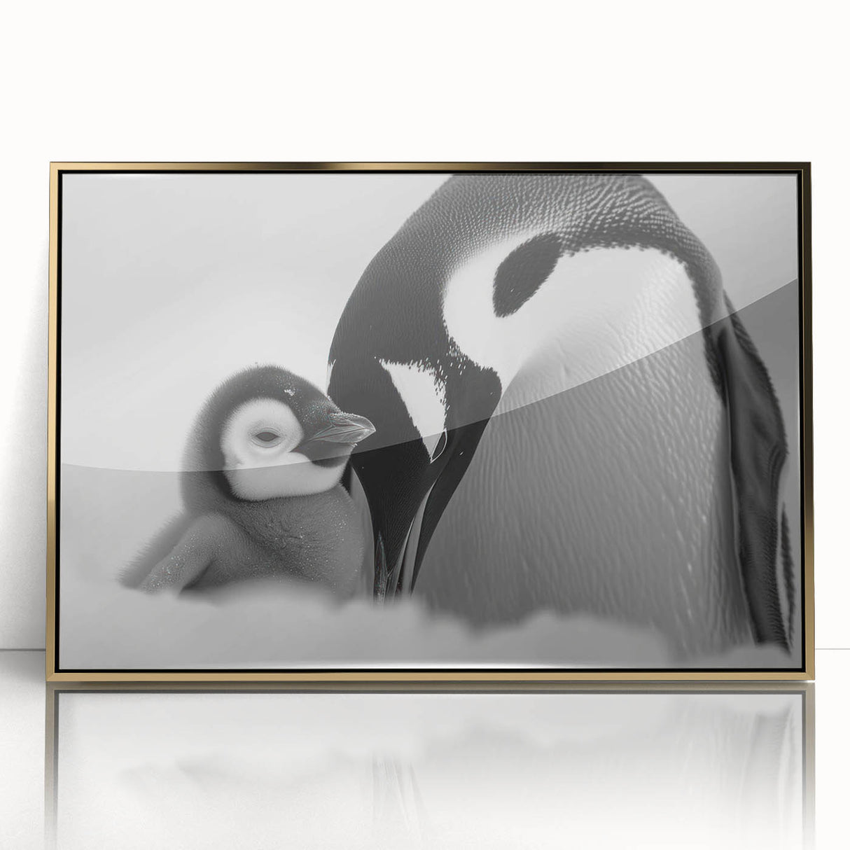 Framed wall art featuring a stylish penguin design with a gold-accented acrylic front, showcasing vibrant colors and modern aesthetics, ideal for animal lovers.