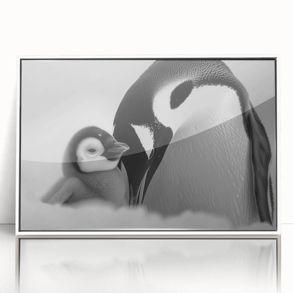 Framed acrylic wall art showcasing a whimsical penguin design from the "Animals of Wildlife" collection, prominently displayed with a sleek white frame, perfect for modern decor.