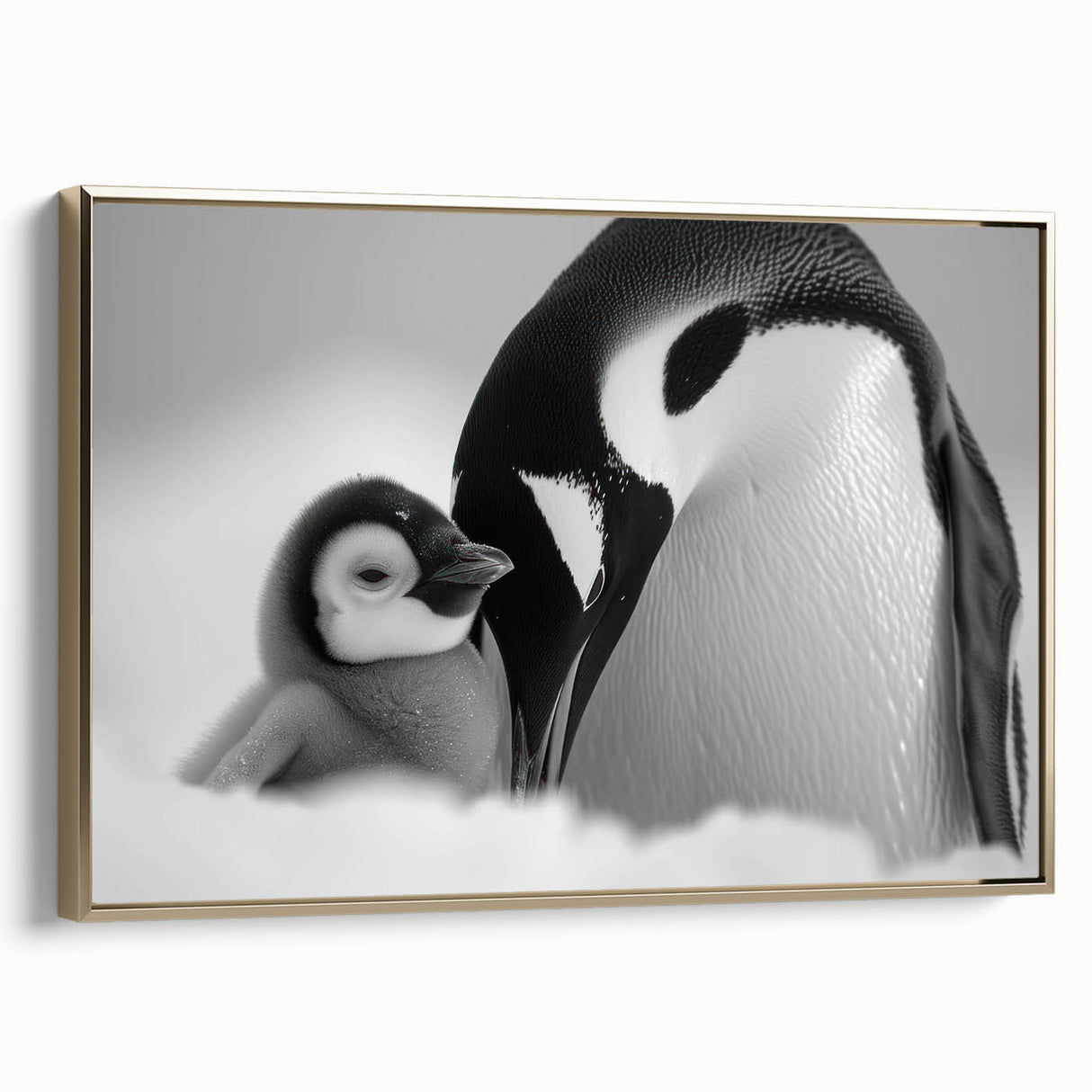 Framed wall art featuring a stylish side view of a penguin design, showcasing vibrant colors with a gold frame, perfect for wildlife enthusiasts and modern decor.