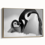 Framed wall art featuring a stylish side view of a penguin design, showcasing vibrant colors with a gold frame, perfect for wildlife enthusiasts and modern decor.