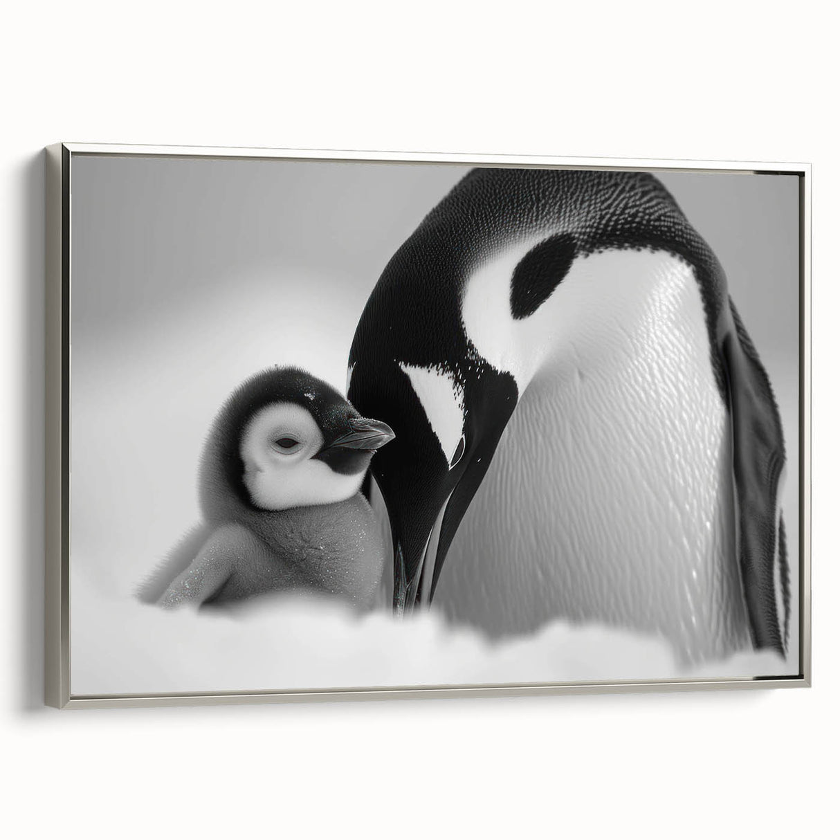 Framed canvas wall art featuring a silver-bordered side view of a penguin design, perfect for animal lovers and contemporary decor. Ideal for adding a touch of wildlife elegance to any room.