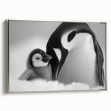 Framed canvas wall art featuring a silver-bordered side view of a penguin design, perfect for animal lovers and contemporary decor. Ideal for adding a touch of wildlife elegance to any room.
