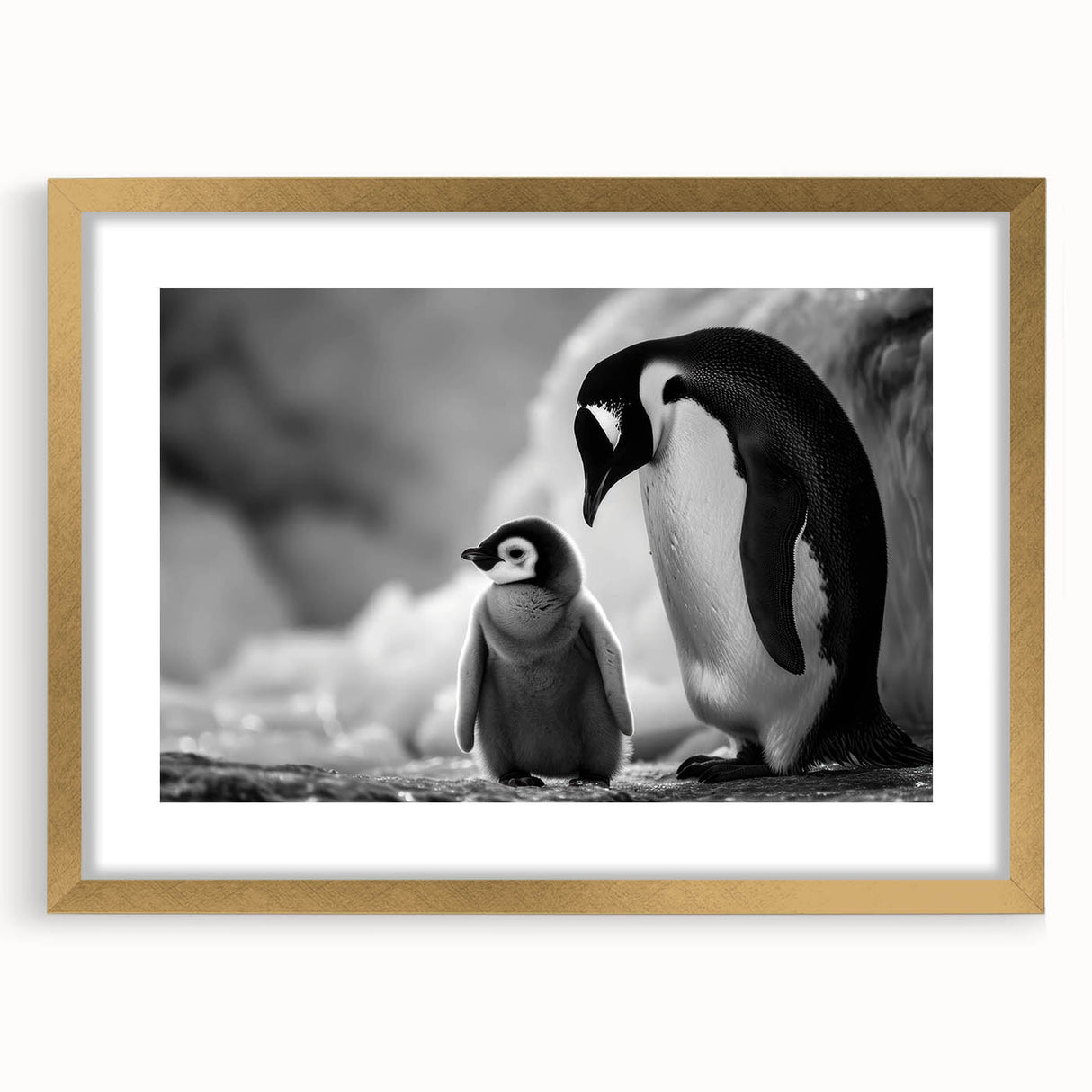 Framed wall art featuring a penguin design from the Animals A Wild Life collection, showcasing a gold mat and elegant frame, perfect for nature-themed decor.