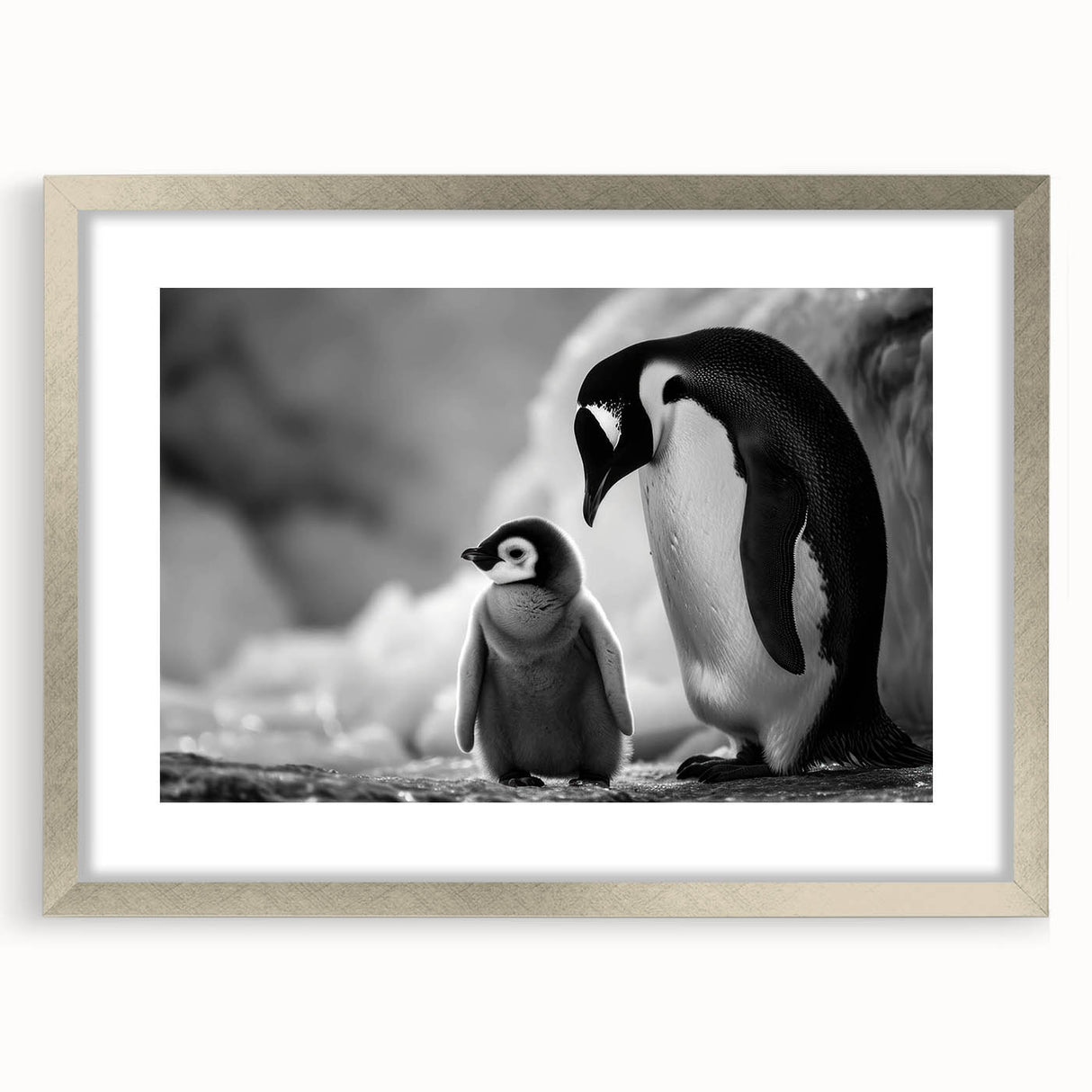 Framed wildlife wall art featuring a silver mat and a penguin design, showcasing intricate details and vibrant colors, perfect for animal lovers and home decor enthusiasts.