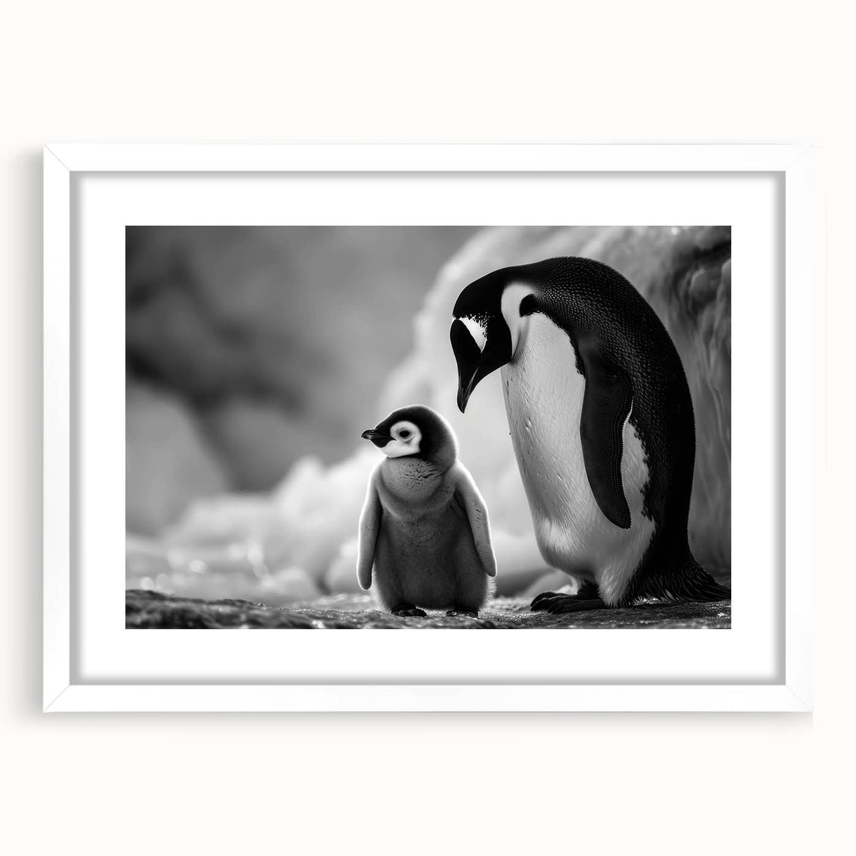Framed wall art featuring a penguin design from the "Animals A Wild Life" collection, set in a white mat with a sleek front view, ideal for enhancing modern decor.