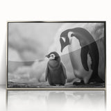 Framed acrylic wall art featuring a stylish penguin design, showcasing a sleek silver frame and vibrant colors, perfect for modern home decor.