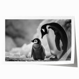 Penguin-themed wall art print showcasing a minimalist design with vibrant colors and playful details, perfect for children's room decor or wildlife enthusiasts.