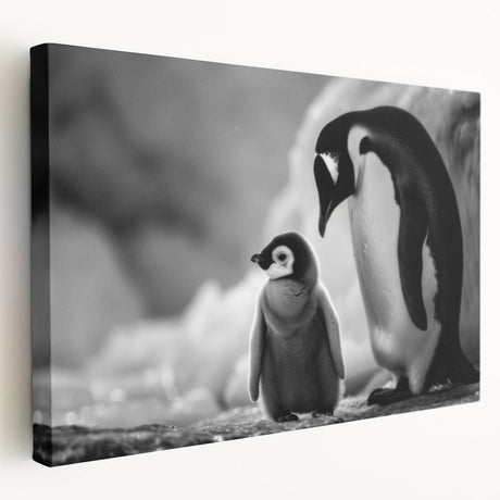 Stretched canvas artwork showcasing a playful penguin design, with vibrant colors and a modern aesthetic, perfect for children's room decor or wildlife enthusiasts.