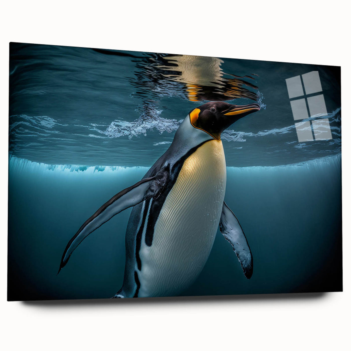 Side view of a penguin-themed wall art collection displayed in an acrylic glass frame, showcasing vibrant colors and detailed wildlife design, perfect for animal lovers.