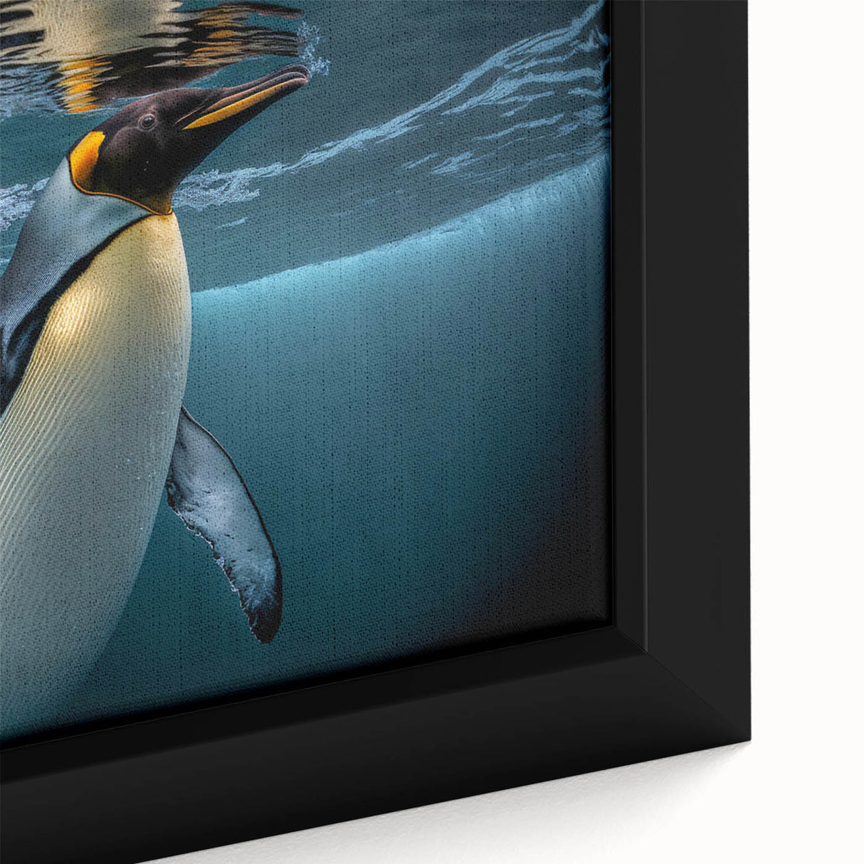 Close-up view of a framed canvas featuring a vibrant penguin design, showcasing intricate details and colors, perfect for wildlife-themed decor in modern interiors.