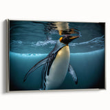 Framed wall art featuring a side view of a stylish penguin design, set against a silver background, perfect for modern home decor and animal lovers.