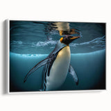 Framed canvas wall art showcasing a stylish penguin design in a modern white frame, perfect for adding a touch of wildlife charm to any room decor.