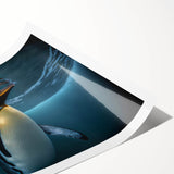 Colorful penguin wall art print showcasing a vibrant, whimsical design on a rolled canvas, perfect for adding a playful touch to home décor, packaged securely for delivery.