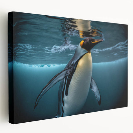 Stretched canvas artwork showcasing a side view of a playful penguin design, perfect for wildlife enthusiasts and home decor, featuring vibrant colors and intricate details.