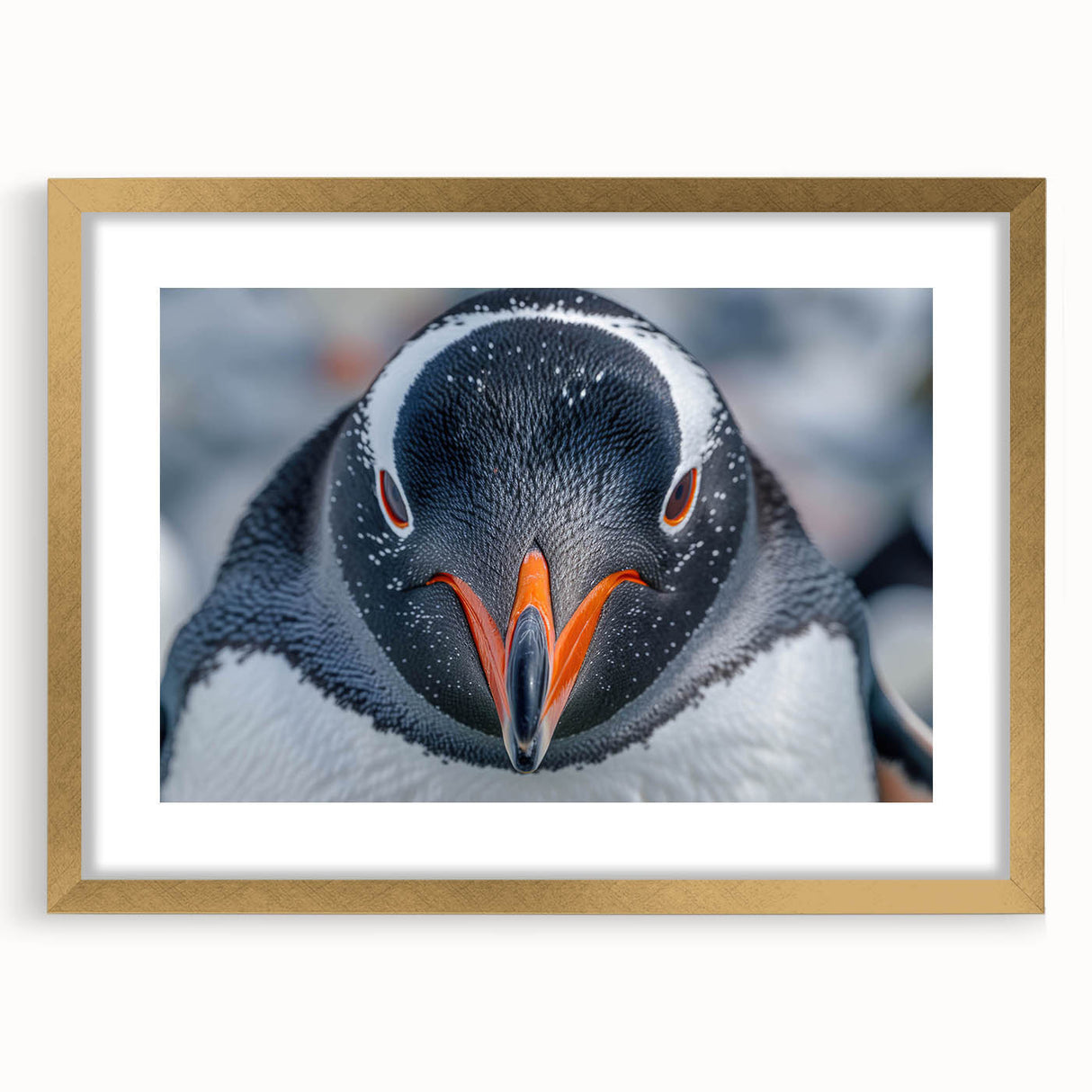Framed wall art featuring a stylish penguin design in gold accents, showcasing a whimsical wildlife theme ideal for modern decor, enhancing any living space.