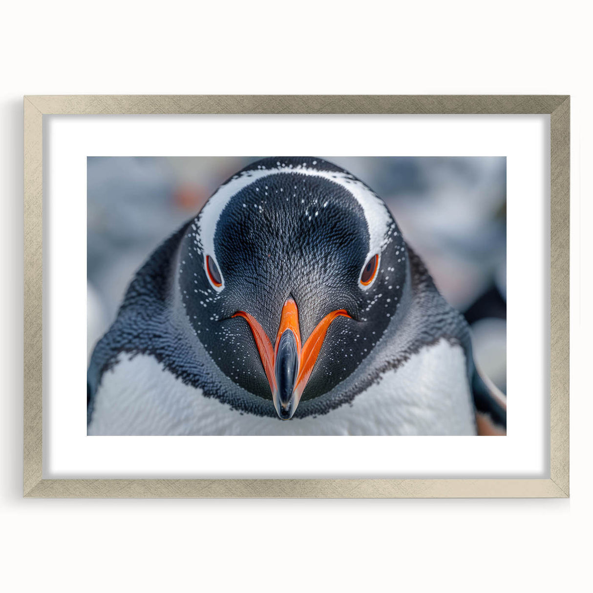 Framed wall art collection featuring a whimsical penguin design on a white mat, with a sleek silver frame, perfect for children's rooms or animal-themed decor.