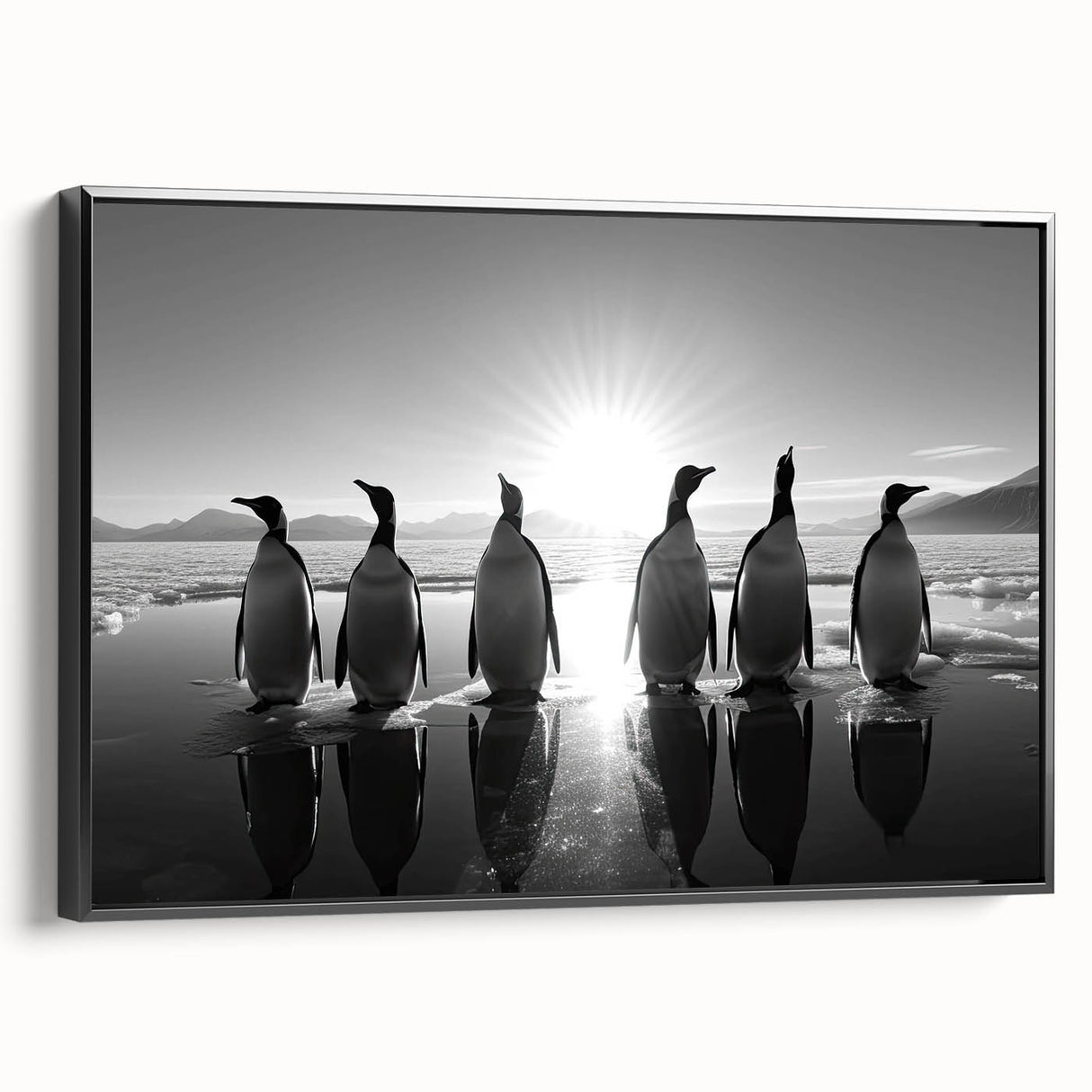 Framed canvas wall art featuring a sleek black side view of a modern penguin design, perfect for animal lovers and contemporary decor enthusiasts.