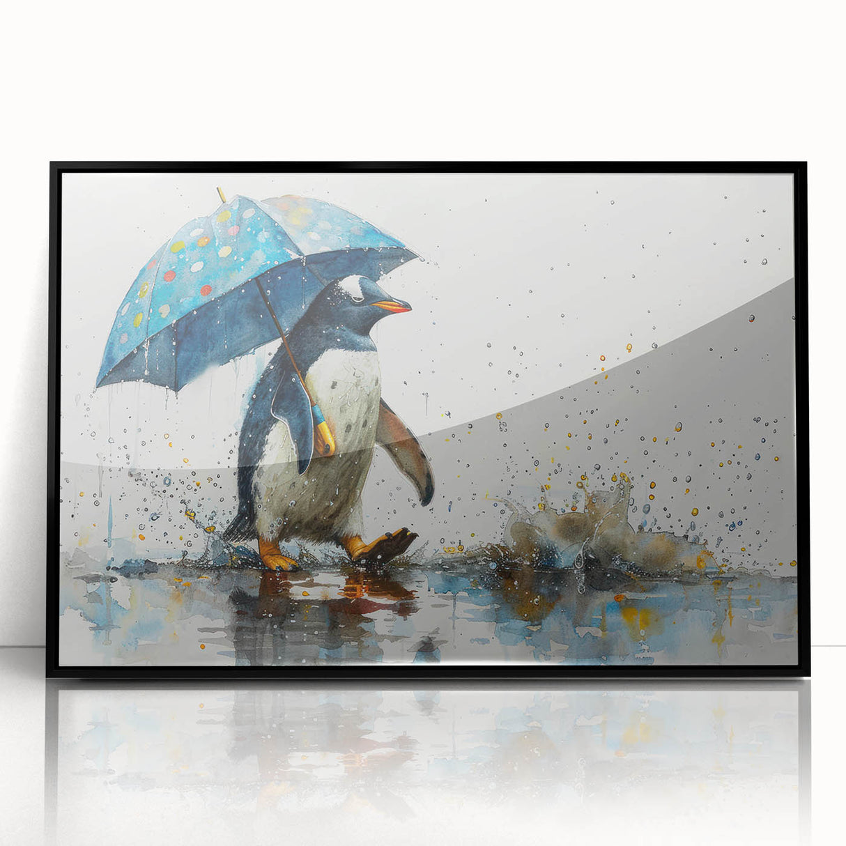 Framed wall art featuring a striking penguin design in a sleek black frame, showcasing vibrant colors and intricate details, perfect for animal lovers and home decor enthusiasts.