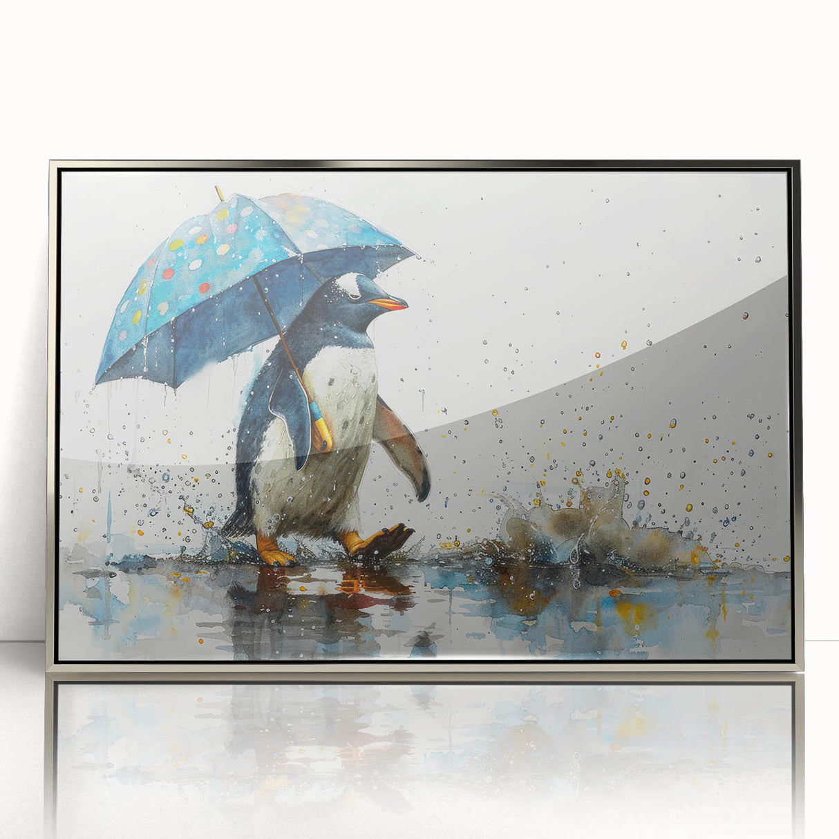 Framed wall art featuring a stylish penguin design in a silver-acrylic frame, showcasing vibrant colors and intricate details, perfect for animal lovers' decor.