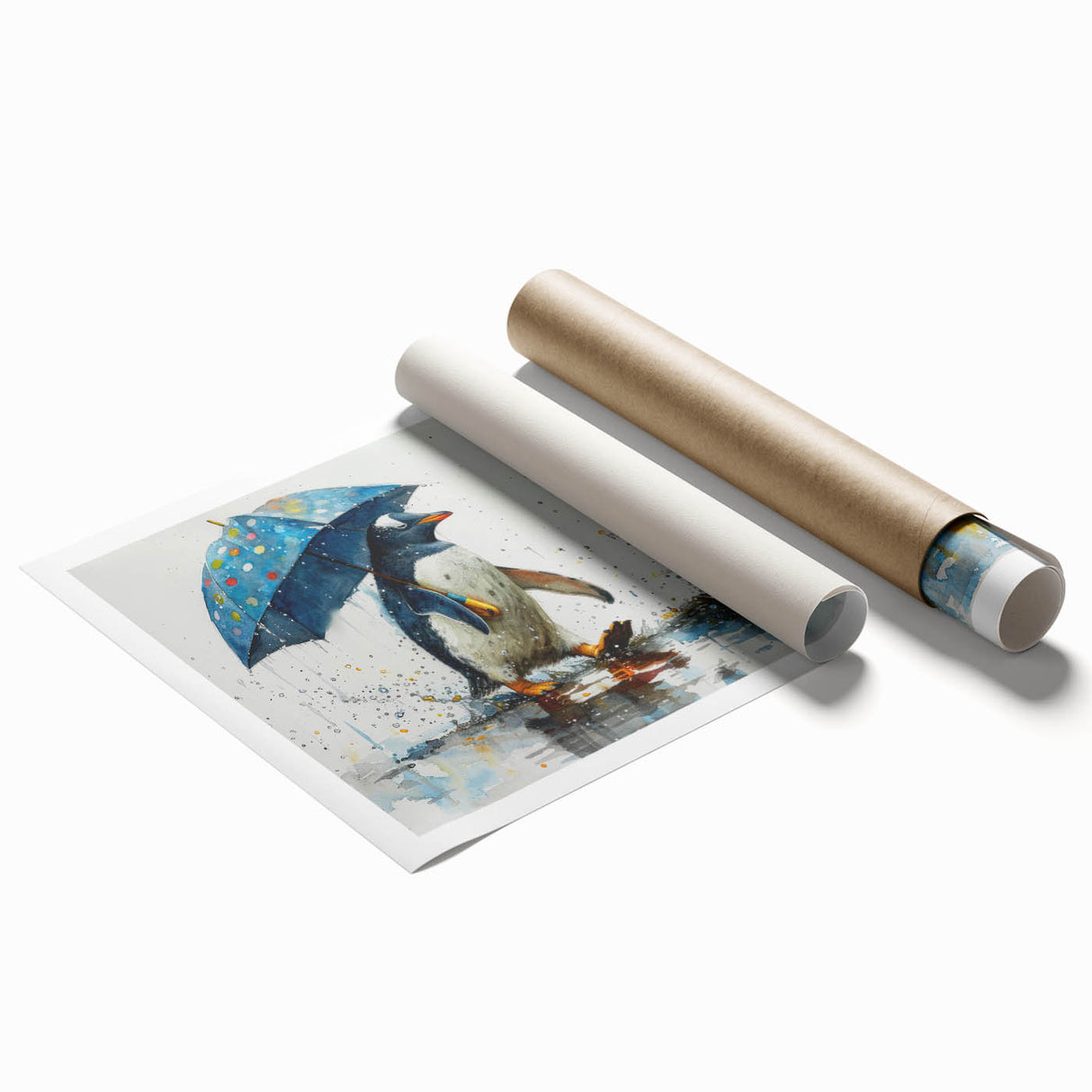 Colorful wall art print featuring a playful penguin design, showcasing vibrant hues of blue and orange, ideal for children's room decor or animal-themed spaces.