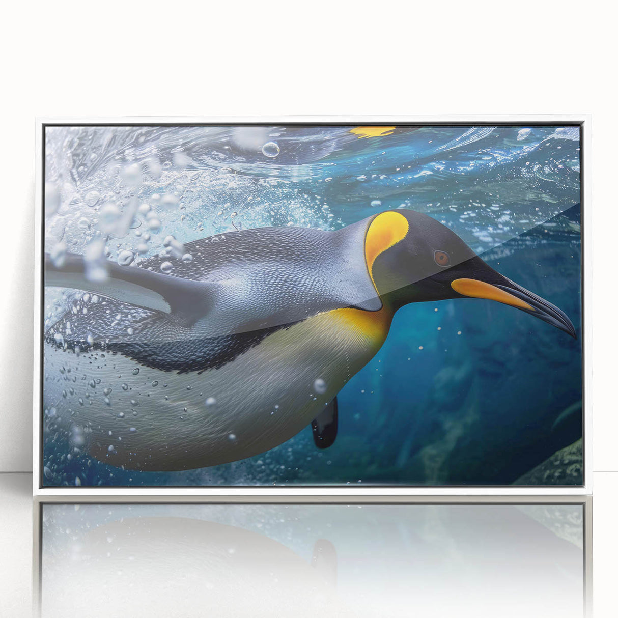 Framed acrylic wall art showcasing a whimsical penguin design, featuring vibrant colors and a sleek white frame, ideal for adding charm to any living space.